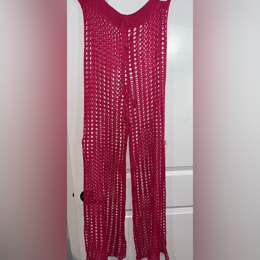Odiva NWT Crochet Pullover Swimwear Cover Up Pants Size Large in Hot Pink Color